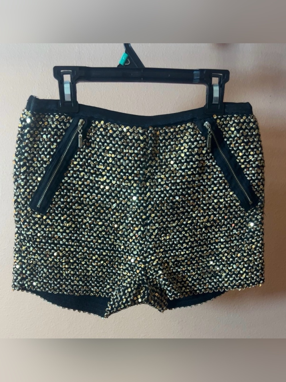 Black Gold Sequin Embellished Shorts Zip Pocket Glam Party